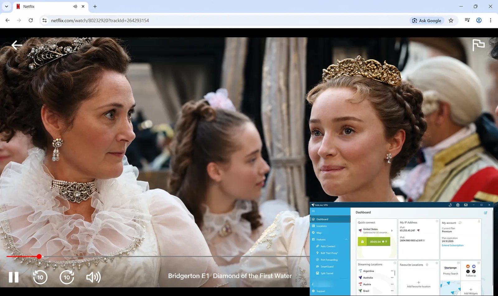 Netflix: воспроизводится «Bridgerton» при подключённом hide.me (США).