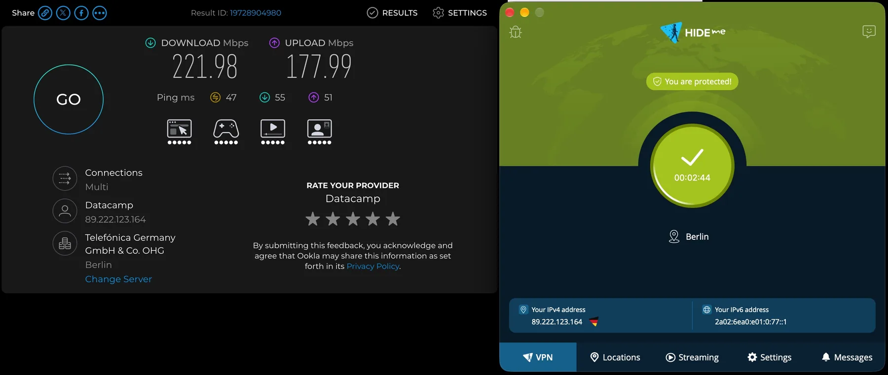 Speedtest, подключение к Берлин: 221,98 Мбит/с загрузка, 177,99 отдача, пинг 47 мс.