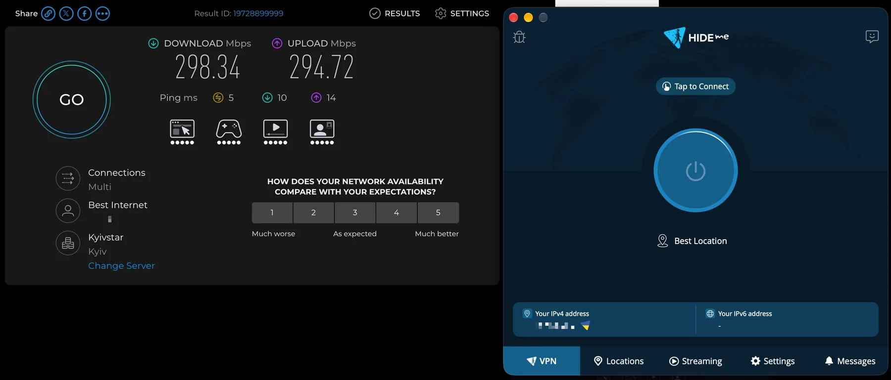 Speedtest при отключённом hide.me: 298,34 Мбит/с загрузка, 294,72 отдача, пинг 5 мс.