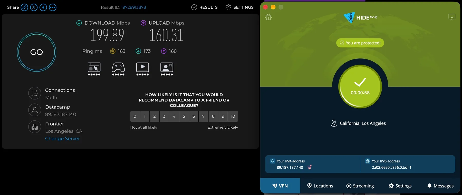 Speedtest, подключение к Лос-Анджелес: 199,89 Мбит/с загрузка, 160,31 отдача, пинг 163 мс.